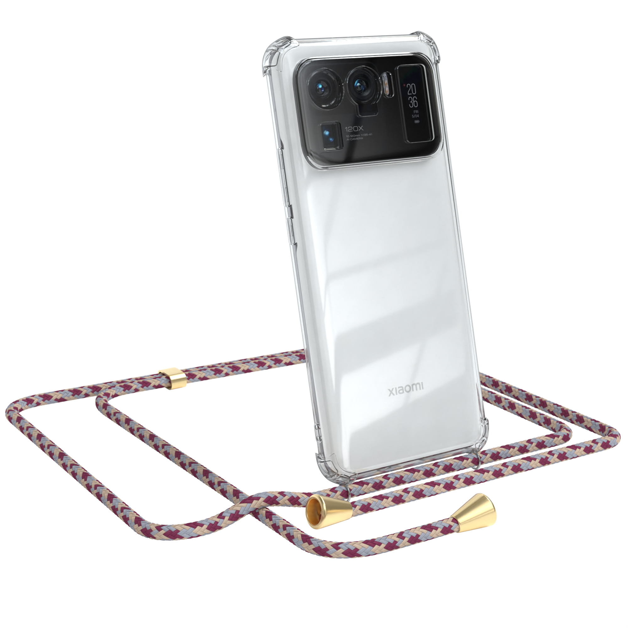 Transparente Handyhülle mit Band. Xiaomi-Telefon sichtbar. Weißer Hintergrund.