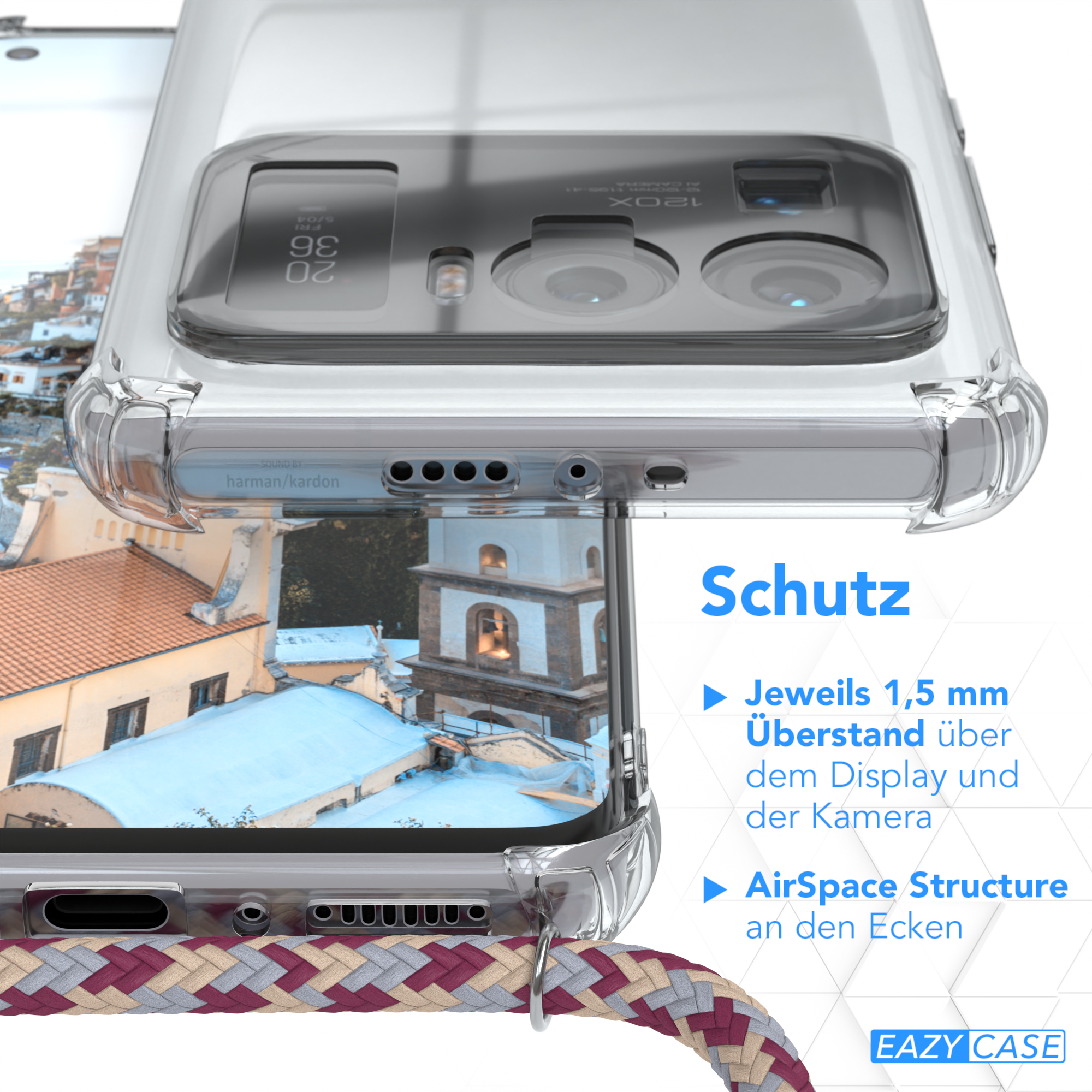 Nahaufnahme einer Handyhülle mit Text zum Schutz. Zeigt 1,5 mm über dem Display und AirSpace Structure.