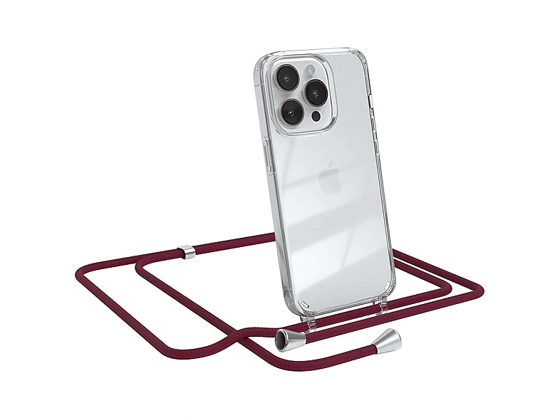 Umhängetasche, Silber Rot Bordeaux / iPhone Cover Umhängeband, CASE Apple, Pro, Clips EAZY mit Clear 14