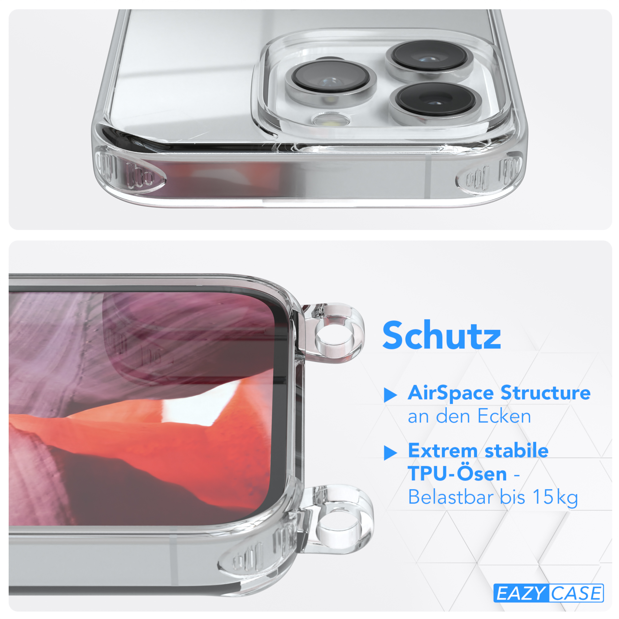 Ein klares Handycase wird gezeigt. Text: Schutz. Das Case hat Funktionen wie AirSpace Structure.