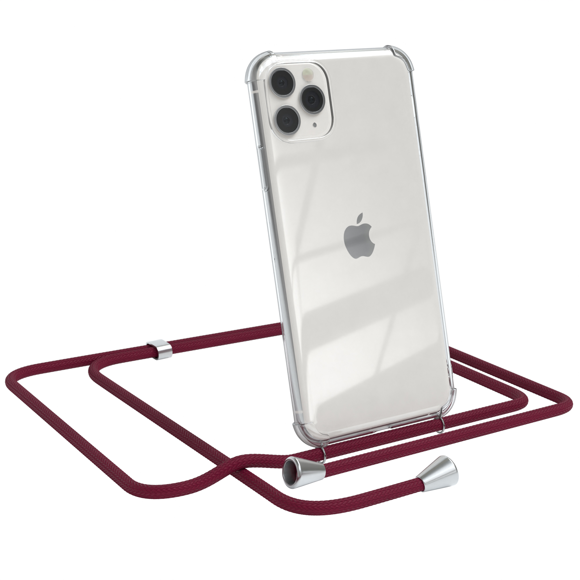 EAZY CASE Clear Cover mit / Bordeaux Max, Silber Pro iPhone Apple, Umhängetasche, 11 Umhängeband, Rot Clips