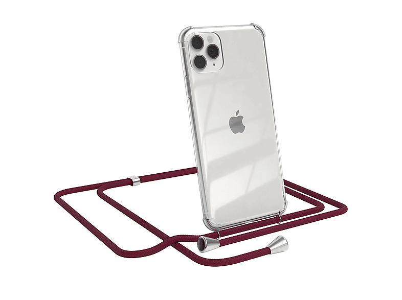 EAZY CASE Clear Cover mit Umhängeband, Umhängetasche, Apple, iPhone 11 Pro Max, Bordeaux Rot / Clips Silber