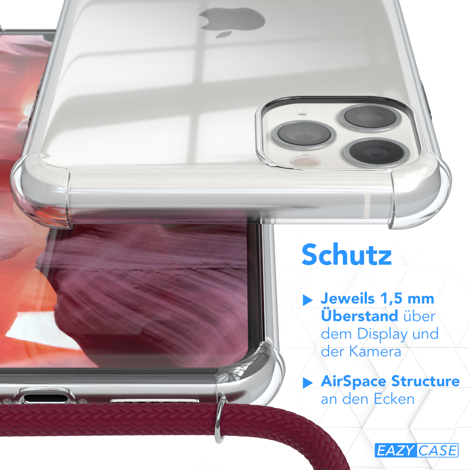 EAZY CASE Clear Cover Rot / Umhängeband, Max, iPhone Umhängetasche, Pro Silber Bordeaux Apple, 11 Clips mit
