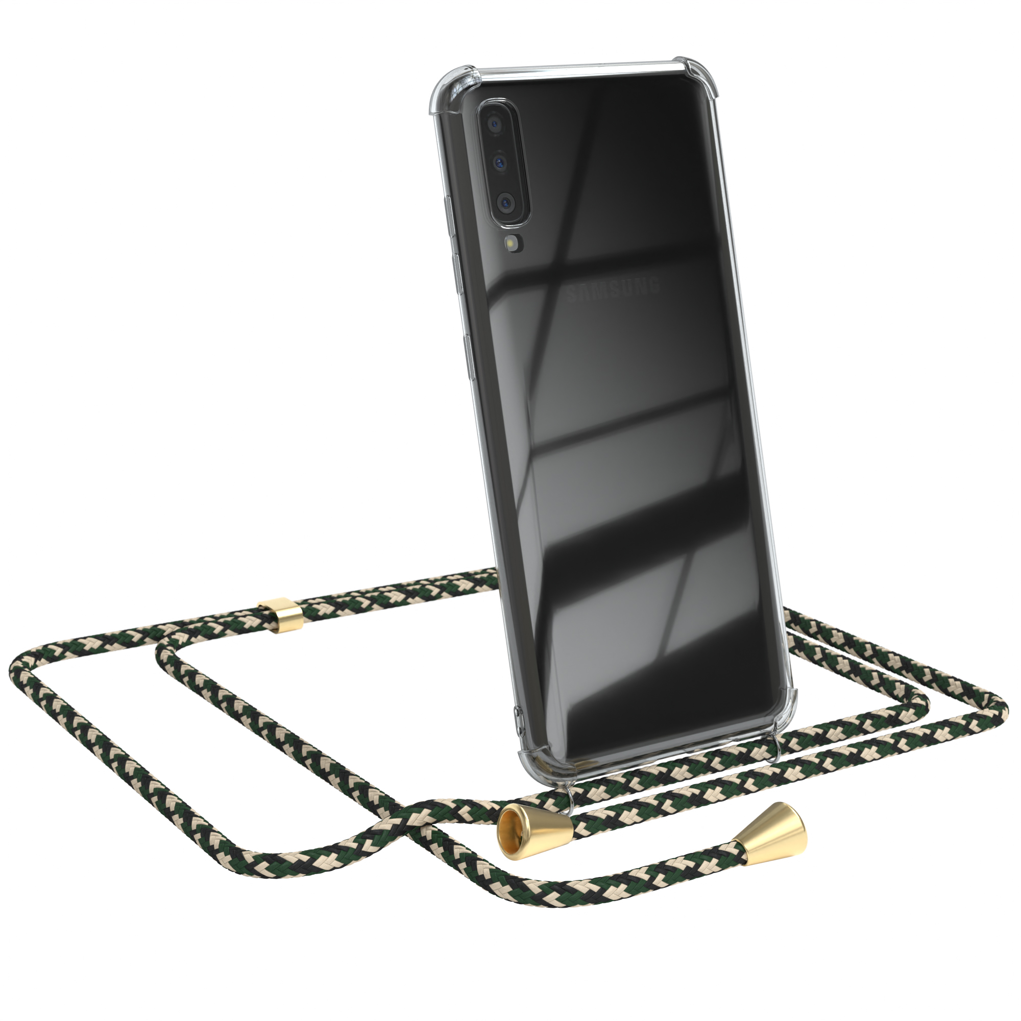 Transparente Handyhülle mit grünem Band. Samsung-Telefon sichtbar. Weißer Hintergrund.