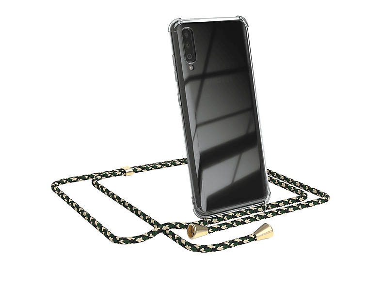 EAZY CASE Clear Cover Umhängeband, Galaxy Grün mit Gold Camouflage / Clips Samsung, A70, Umhängetasche