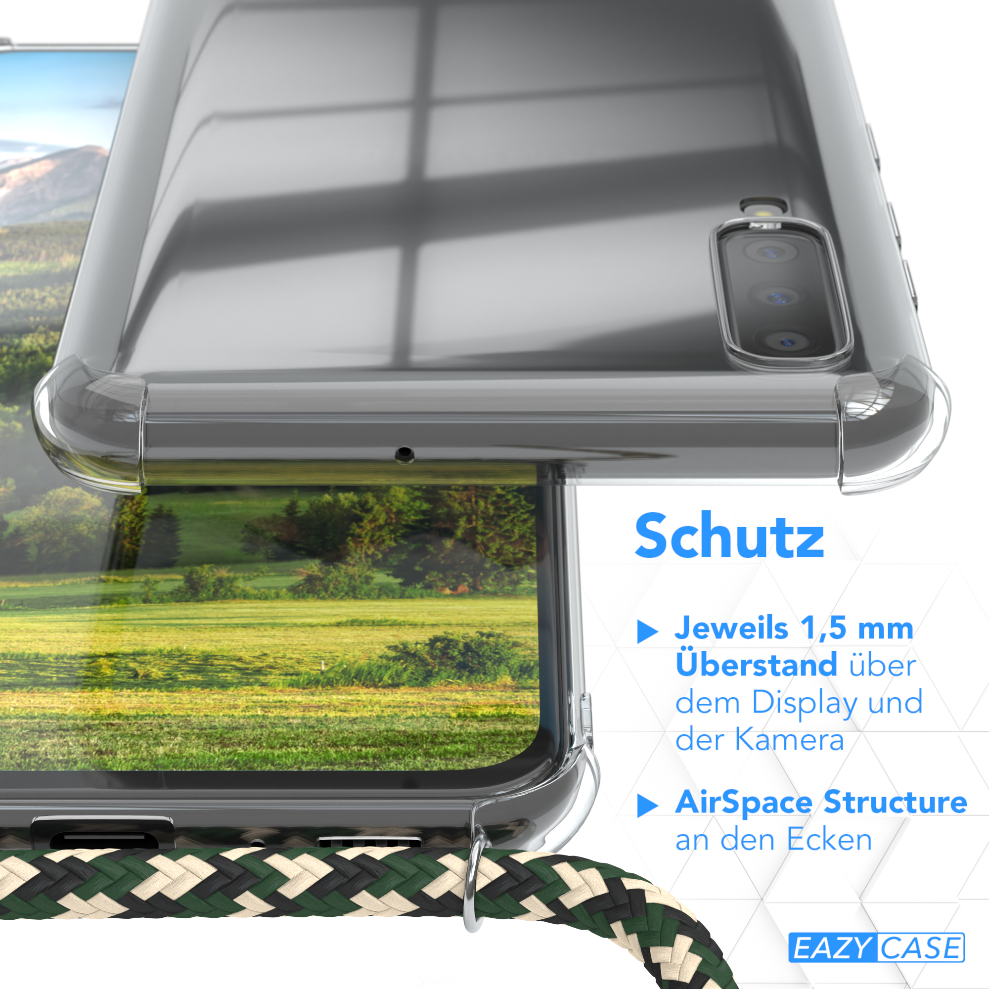 Nahaufnahme einer Handyhülle mit Umhängeband, zeigt Eigenschaften.