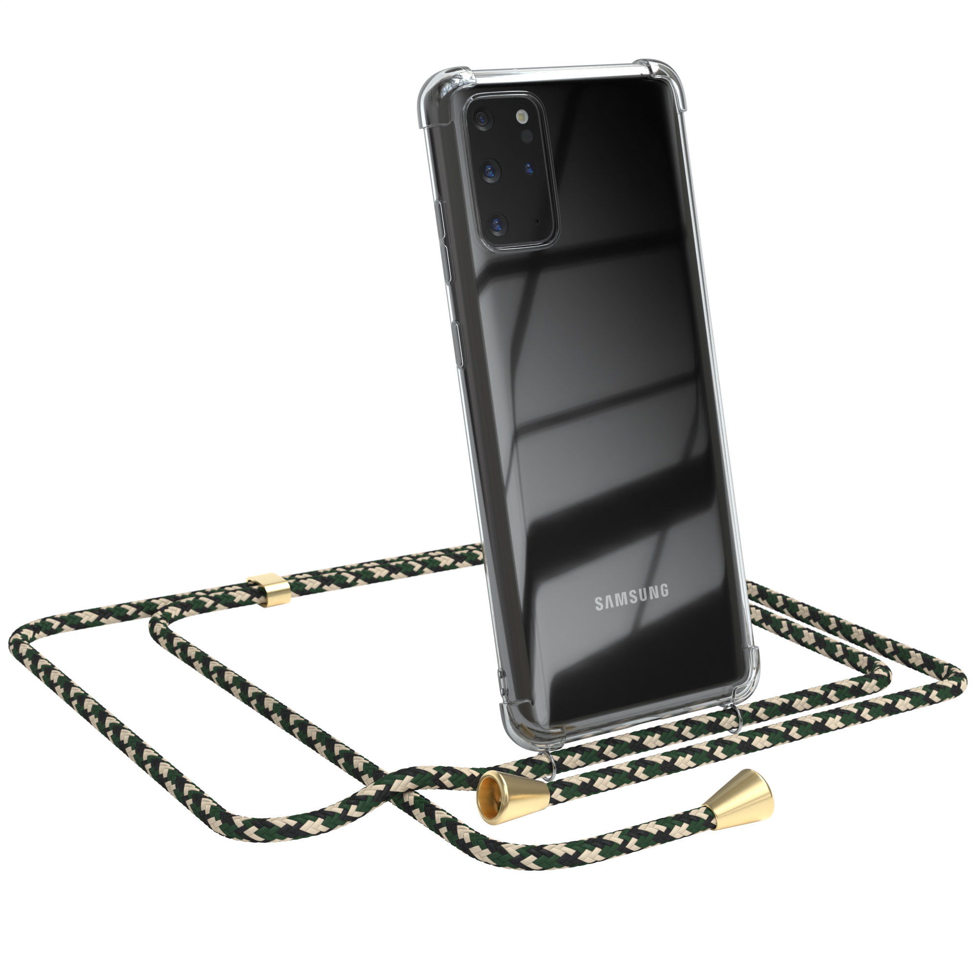 Transparente Handyhülle mit grün/weißem Umhängeband. Samsung-Logo sichtbar. Vor weißem Hintergrund.