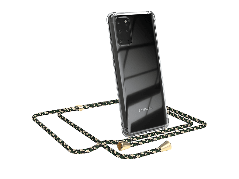 EAZY CASE Clear Cover mit Umhängeband, Umhängetasche, Samsung, Galaxy S20 Plus / S20 Plus 5G, Grün Camouflage / Clips Gold