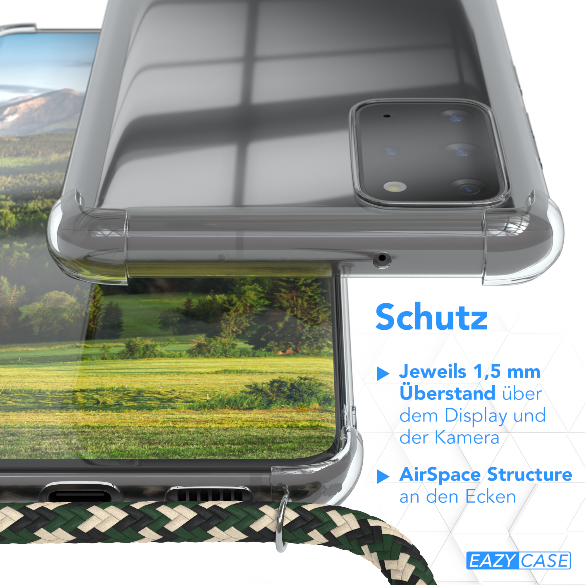 Nahaufnahme: Transparente Handyhülle, grün-schwarzes Kabel. Text: Schutz. Merkmale: Display- und Kameraschutz.