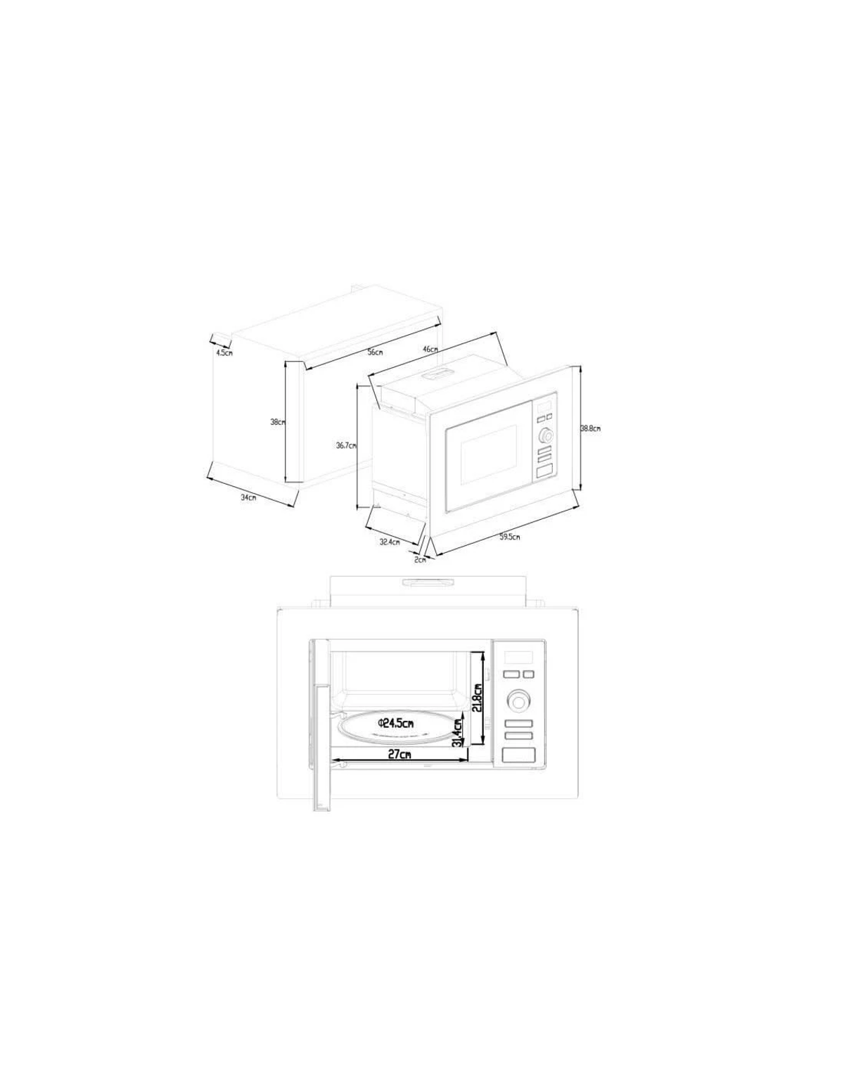 Diagrama de microondas, mostrando dimensiones y componentes internos. Fondo blanco.