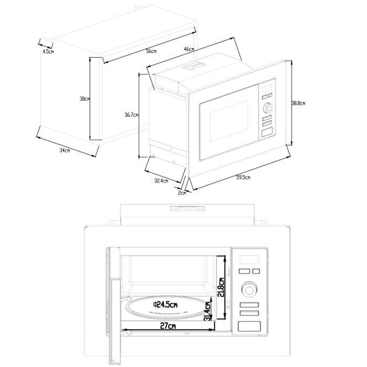 Diagrama de un horno microondas empotrado, que muestra dimensiones y detalles.