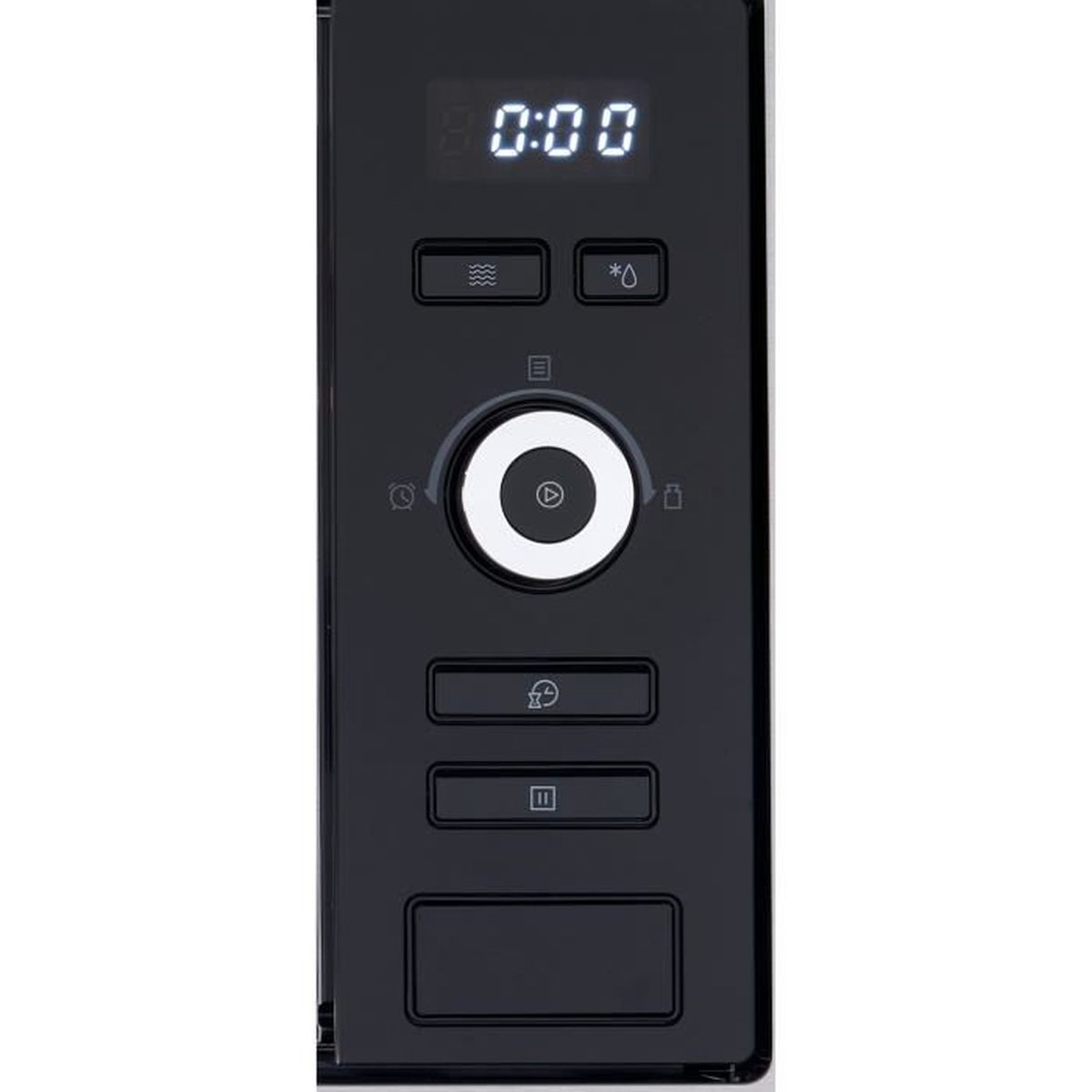 Panel de control de microondas negro con pantalla digital y botones.