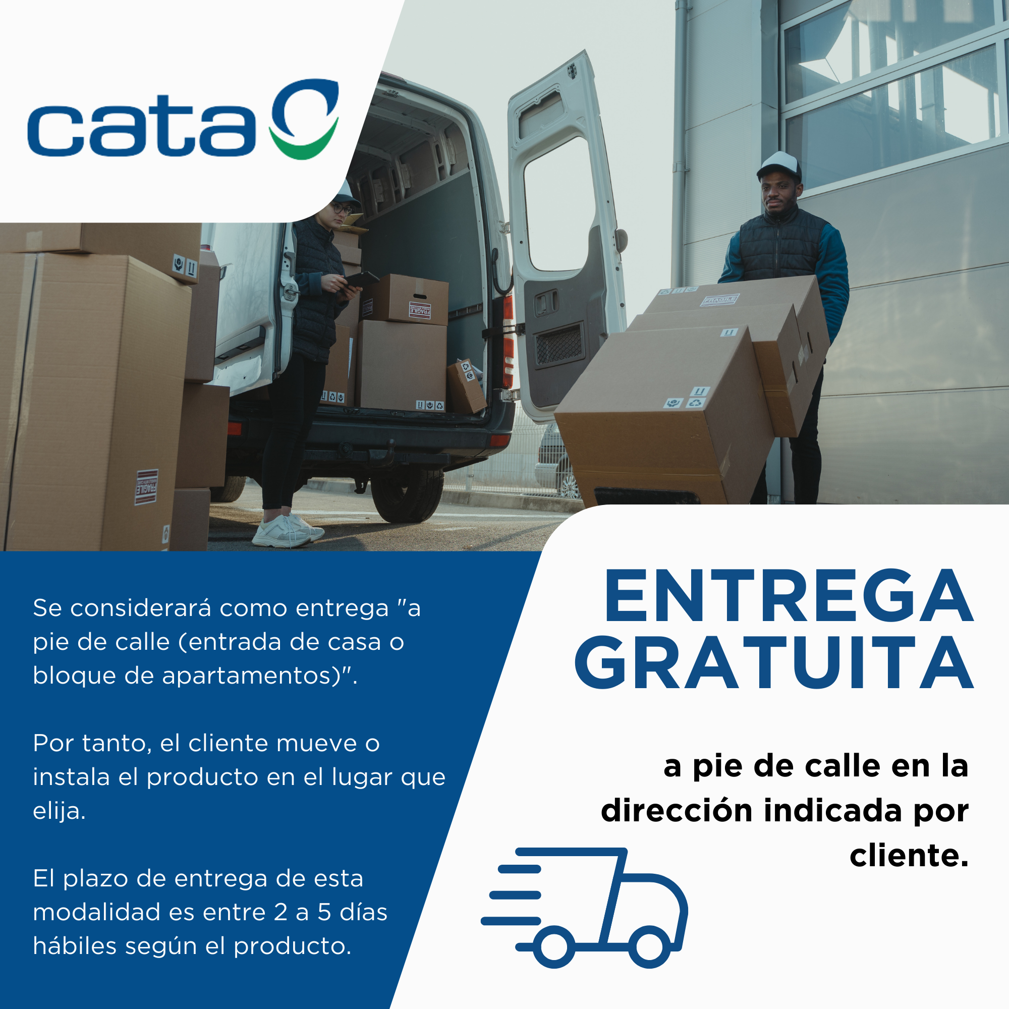 Furgon i osoby pokazane z tekstem 'DOSTAWA GRATIS' po hiszpańsku.