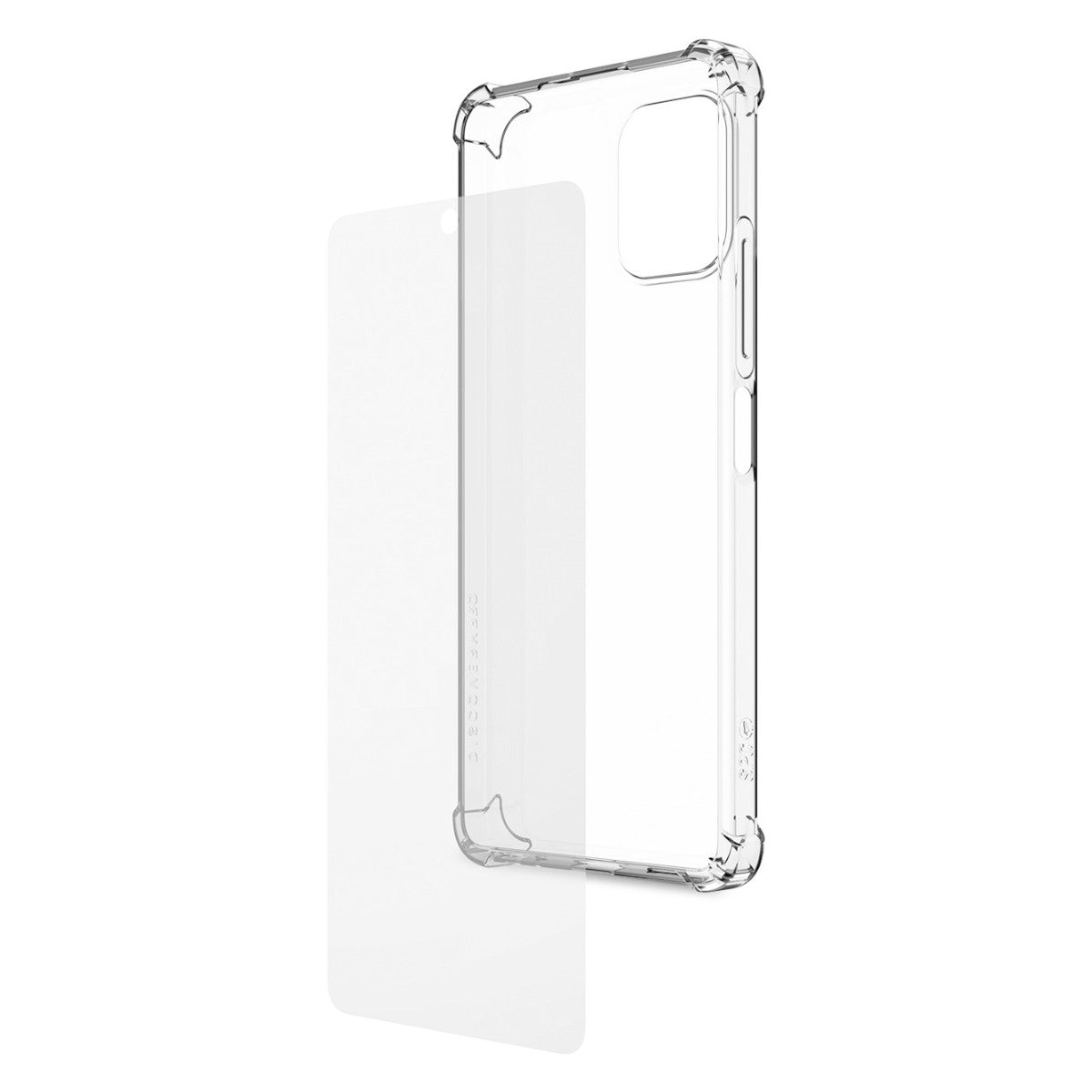 Una funda transparente para teléfono y un protector de pantalla, ambos claros.