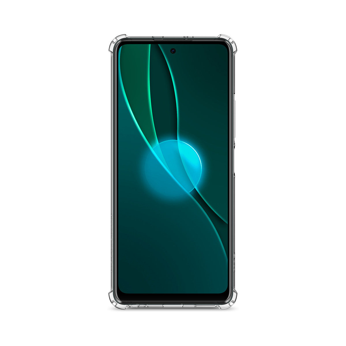 Una funda transparente para teléfono con un smartphone dentro, mostrando la pantalla. El teléfono es verde.