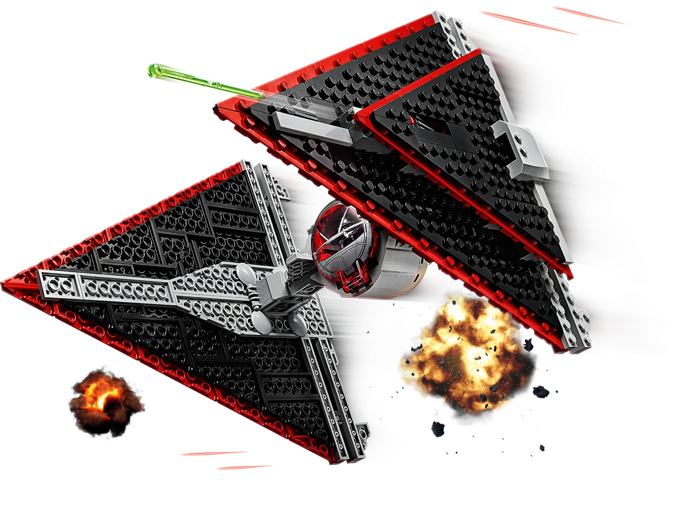 Lego Star Wars TIE Fighter Modell mit zwei Flügeln, Cockpit und Lasereffekten.