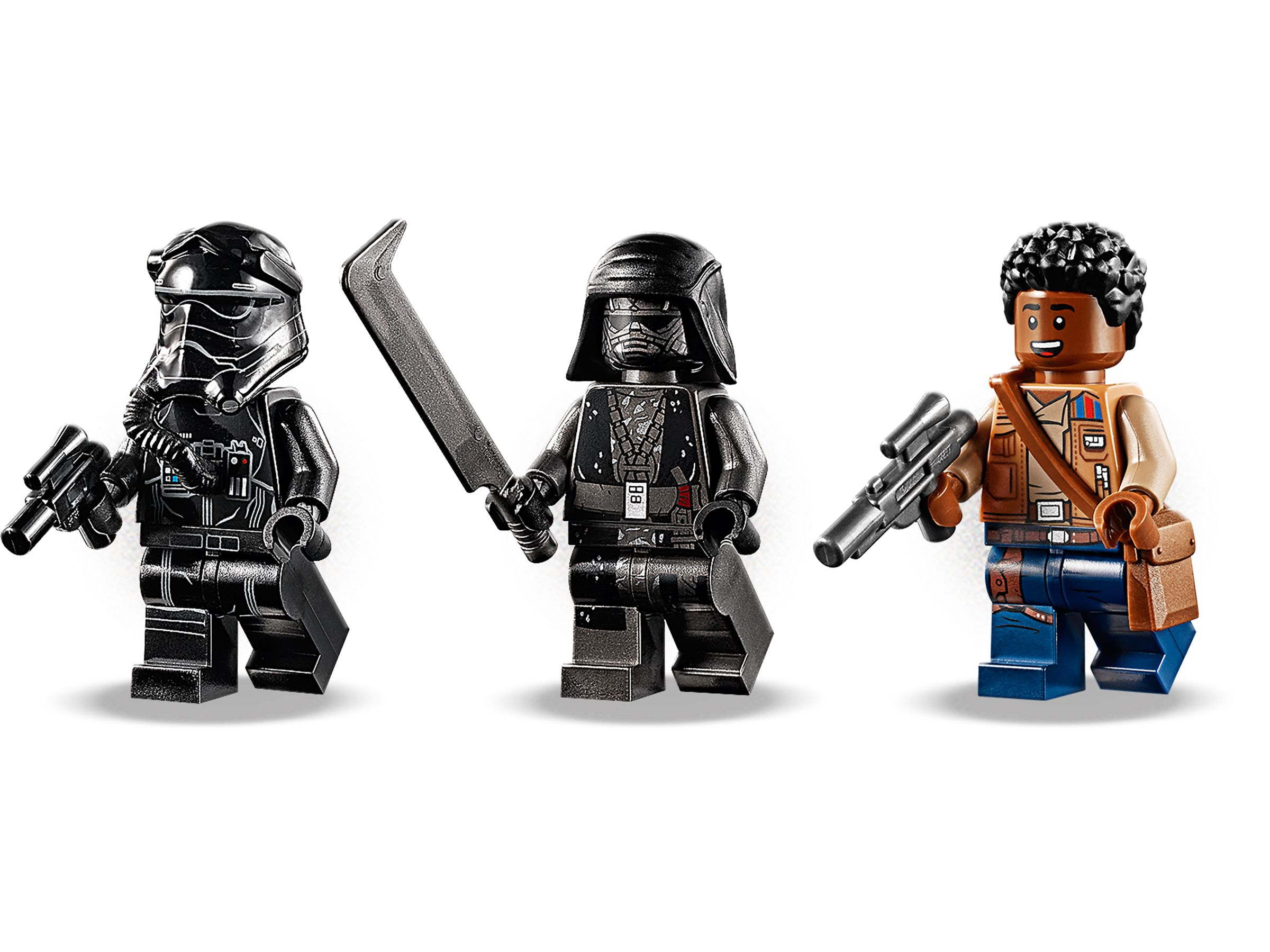 Drei Lego Star Wars Figuren. Eine in Schwarz mit Helm und zwei halten Waffen.