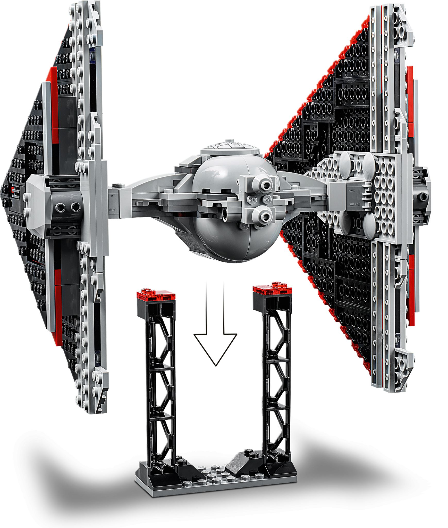 Ein Lego Star Wars TIE Fighter Modell. Das Modell ist grau und schwarz mit roten Akzenten.
