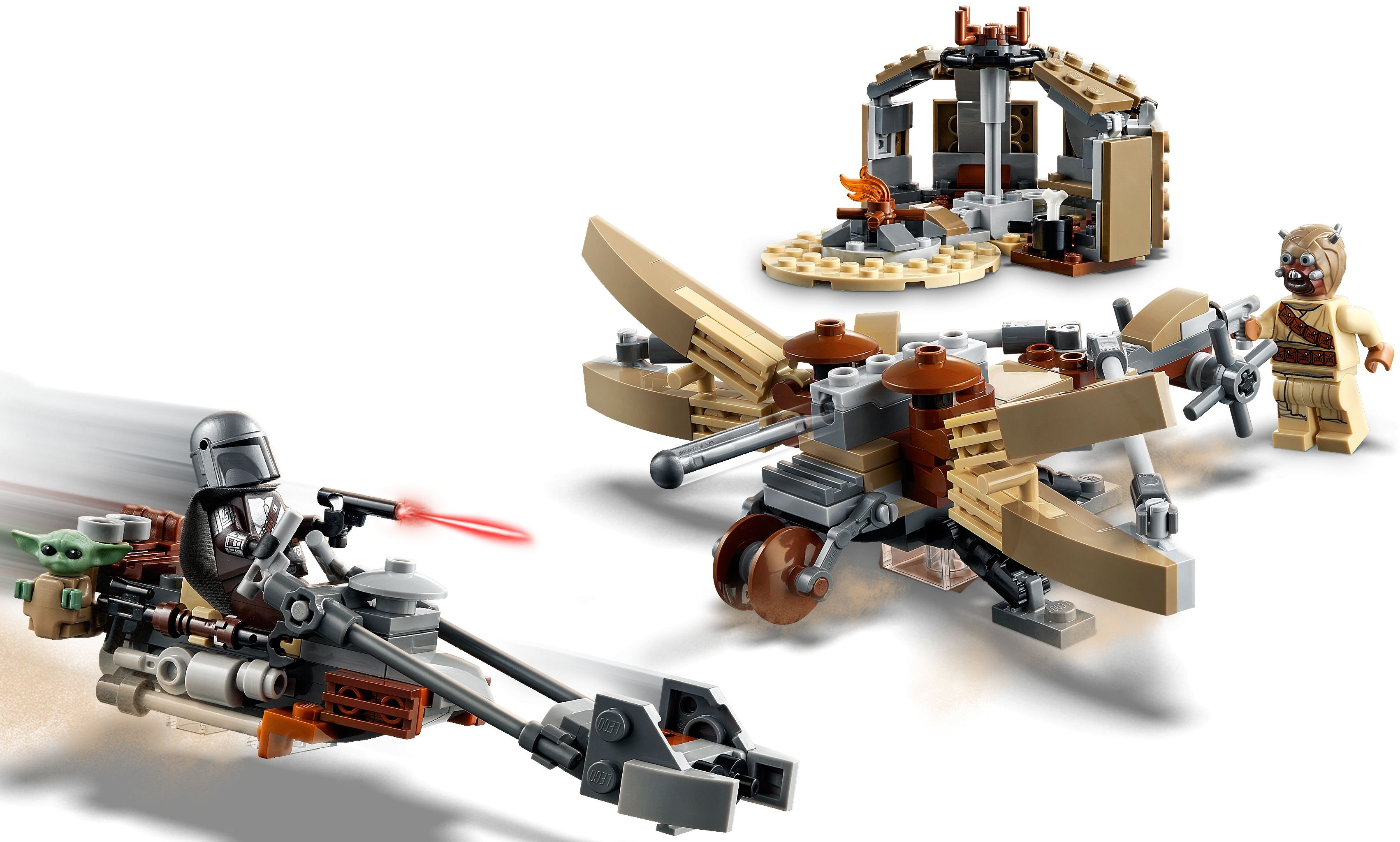 Set Lego con un personaggio Mandaloriano su uno speeder. Sono visibili anche un edificio e un Tusken Raider.