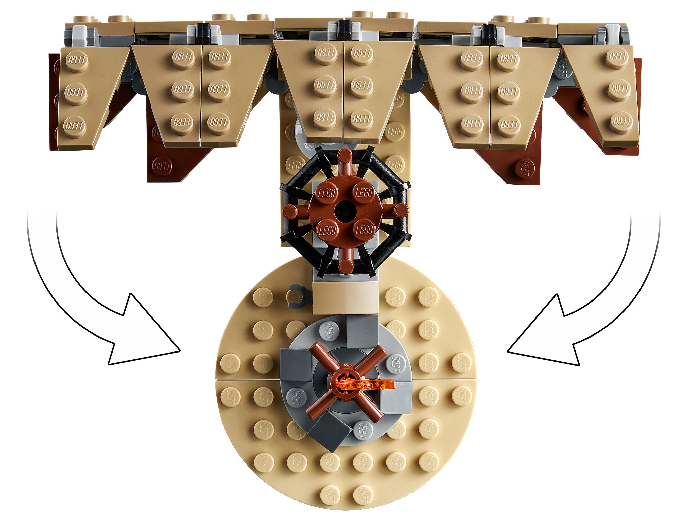 Primo piano del modello Lego. Ha blocchi beige e marroni con frecce che puntano al centro.