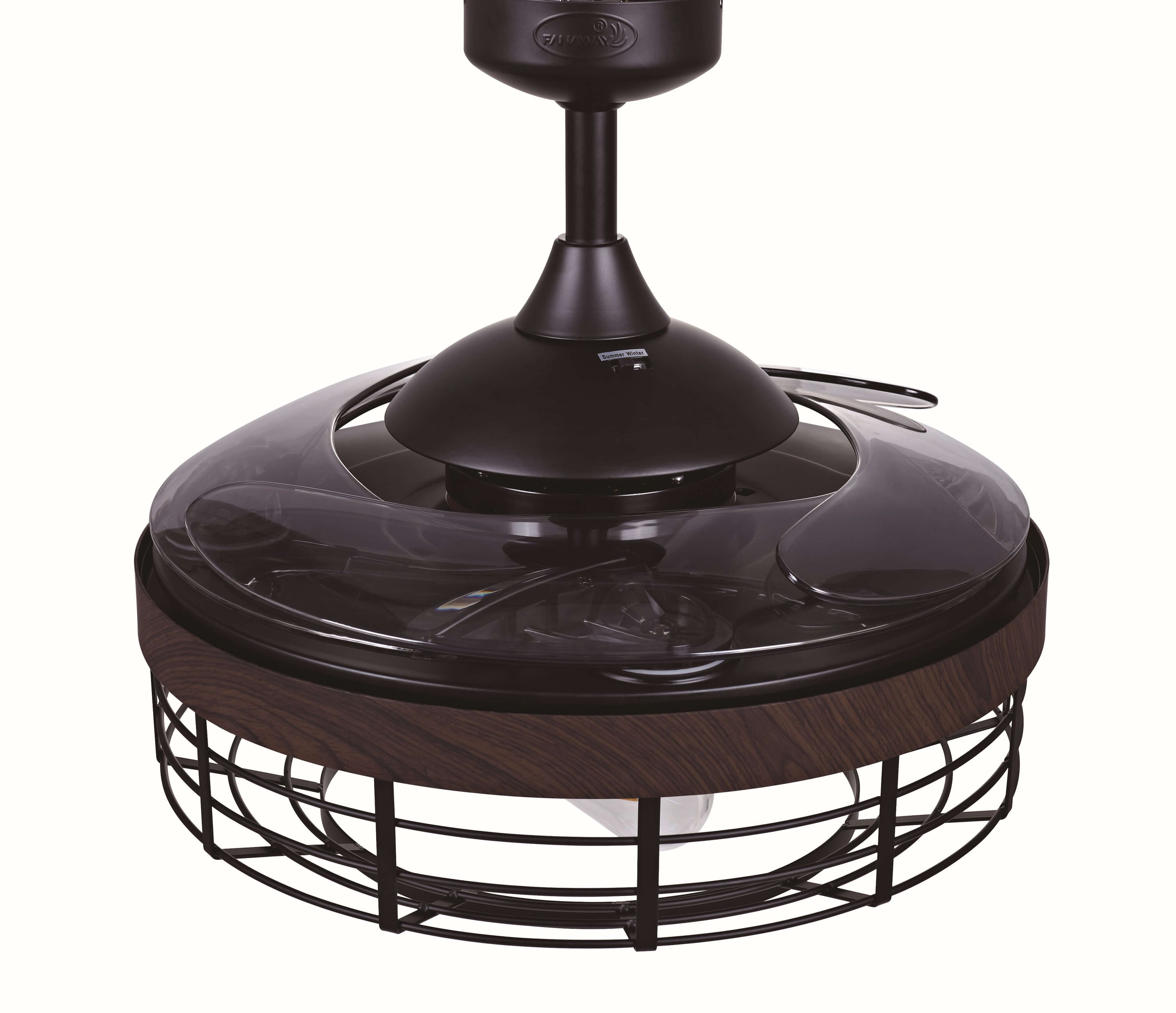 Schwarzer Deckenventilator mit braunem Holzdekor und durchsichtiger Schutzhülle.
