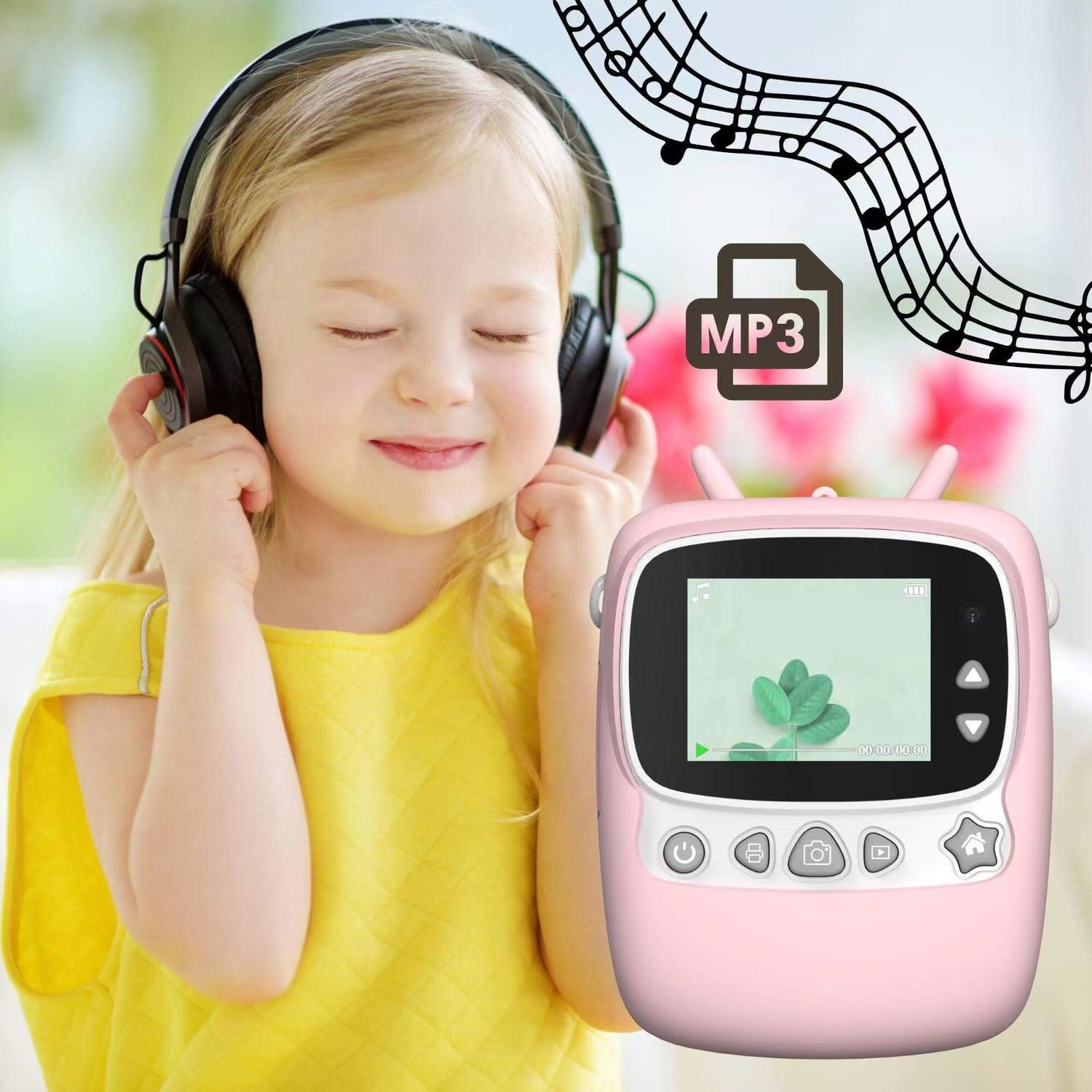 Una niña con auriculares escucha música de una cámara rosa.