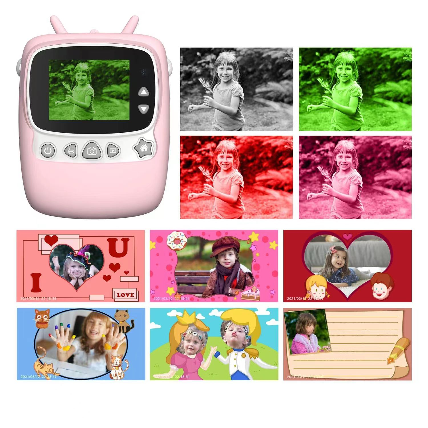 Cámara de juguete rosa con fotos en pantalla. Varias fotos enmarcadas de niños.
