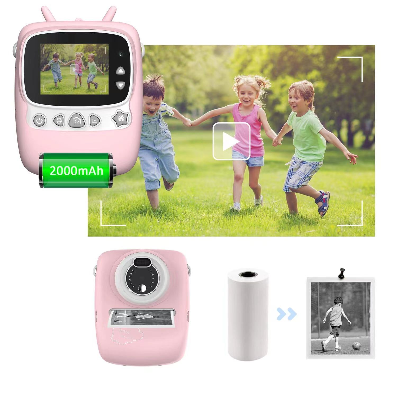 Cámara de juguete rosa con niños jugando en la pantalla. Se imprime una foto. Batería adicional.