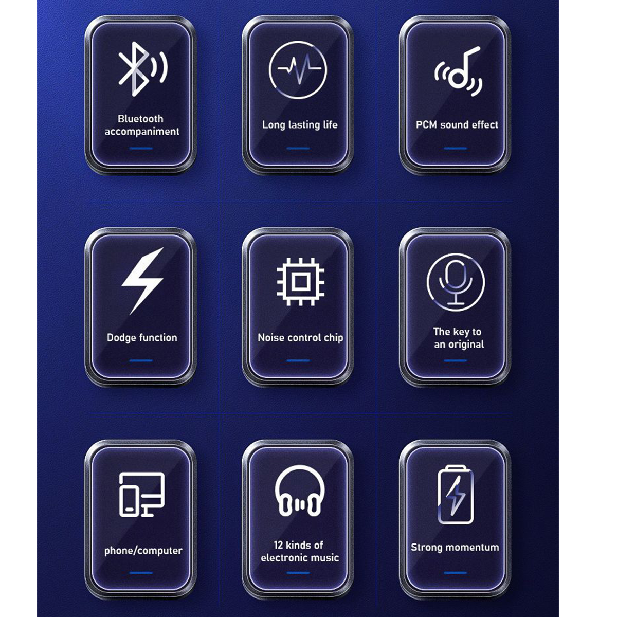 Symbole für Bluetooth, lange Akkulaufzeit, Sound, Ausweichfunktion, Geräuschkontrolle und mehr.