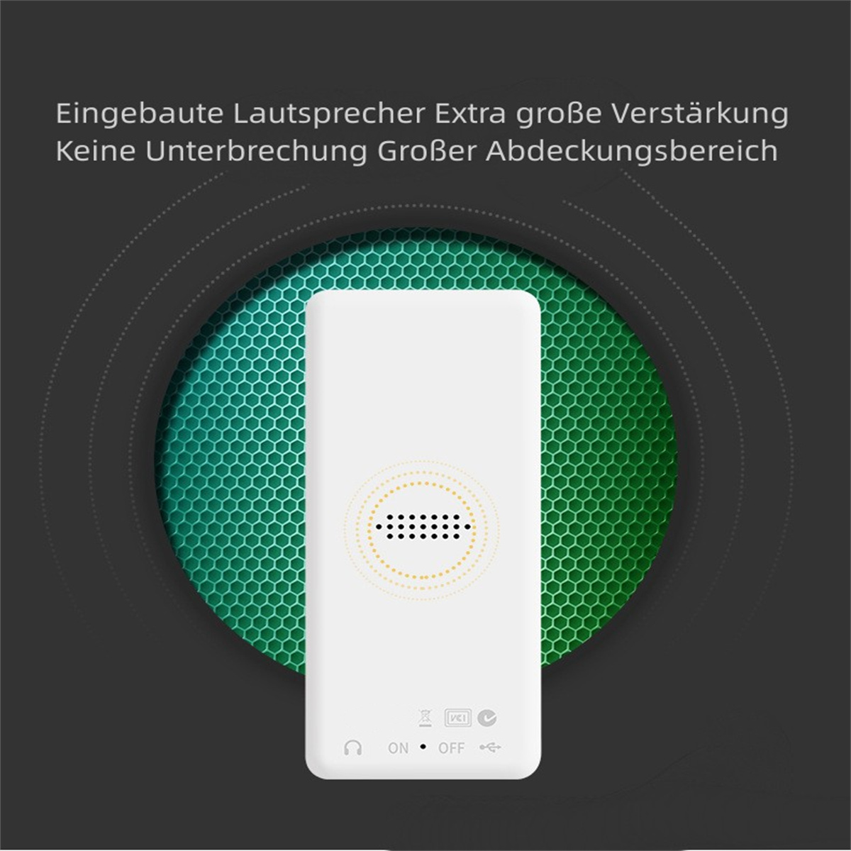 Weißes rechteckiges Gerät mit grünem Hintergrund, mit Text oben.