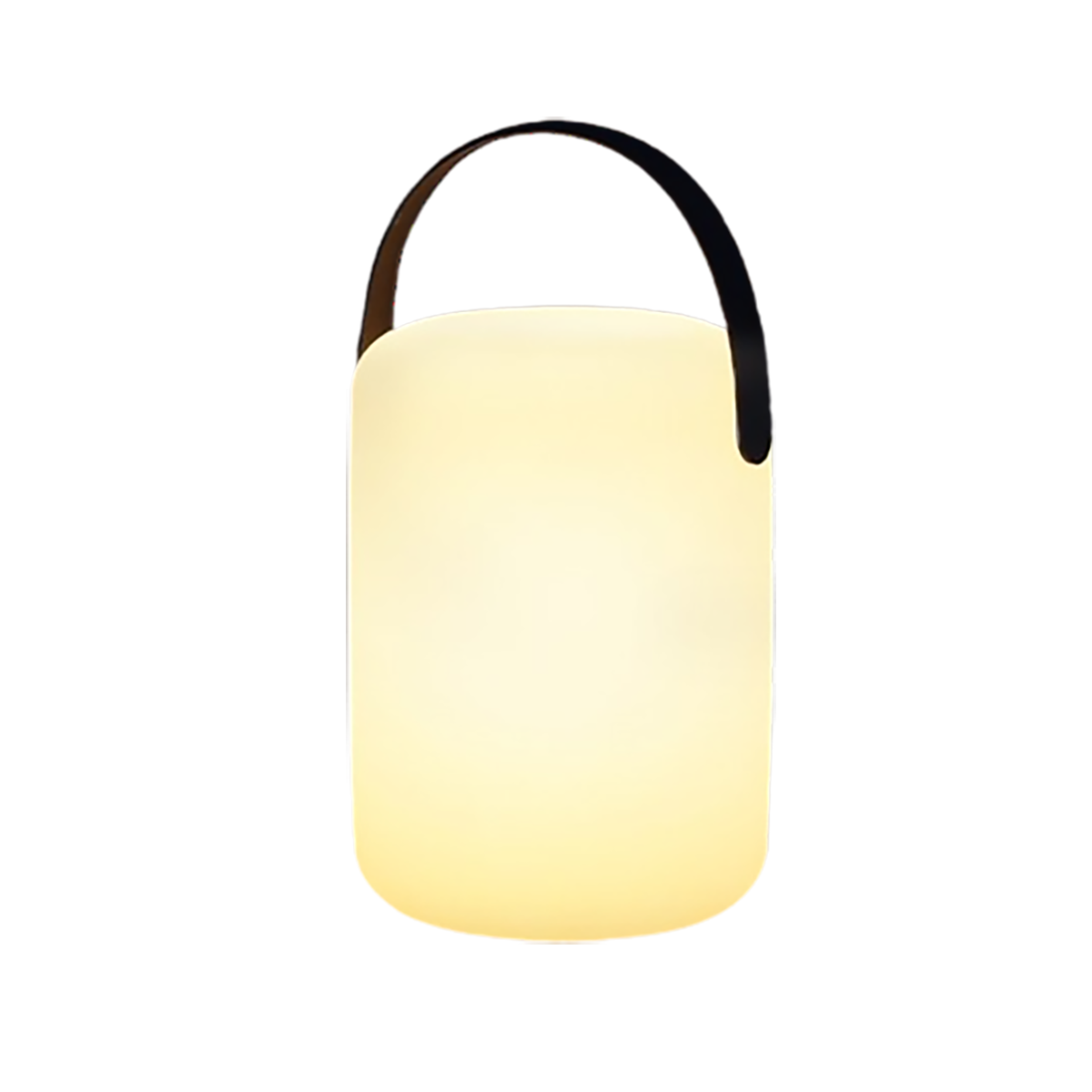 Eine leuchtende weiße Lampe mit schwarzem Griff. Sie steht auf schwarzem Hintergrund. Das Licht ist weich und diffus.