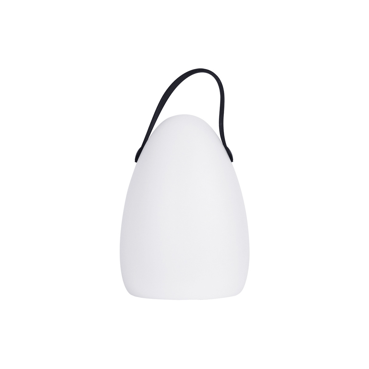 Eine weiße, eiförmige Lampe mit einem schwarzen Griff.