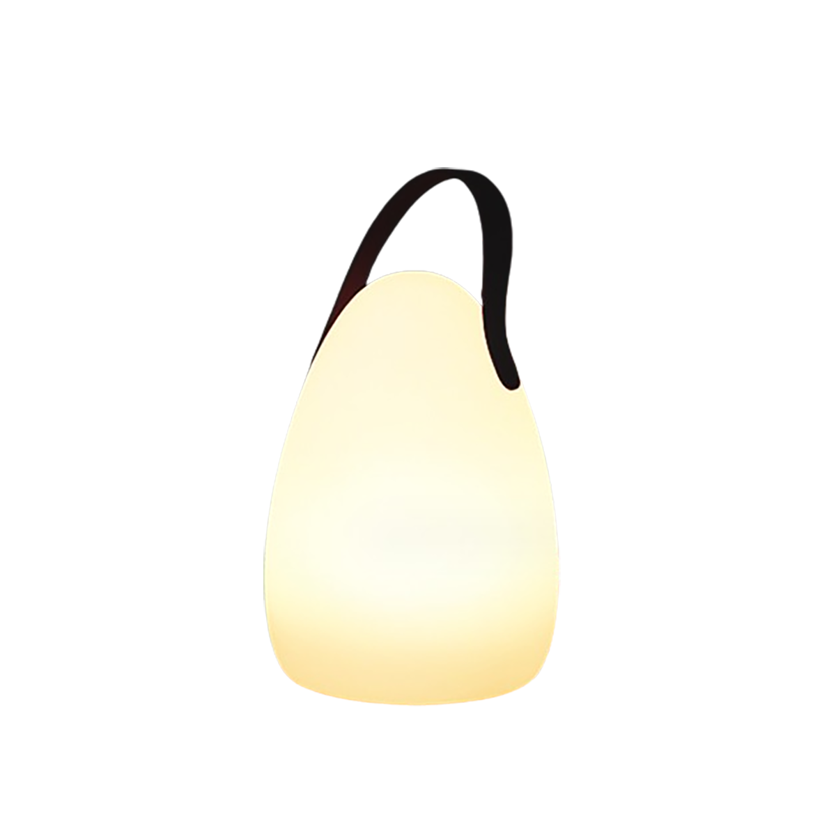 Eine kleine, weiße, beleuchtete Laterne mit schwarzem Griff, vor schwarzem Hintergrund.