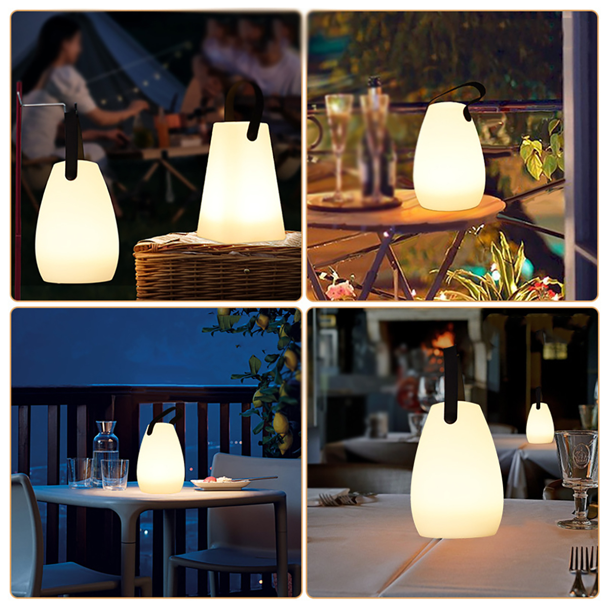 Mehrere Außenlampen, leuchtend, in verschiedenen Umgebungen, Tag und Nacht.
