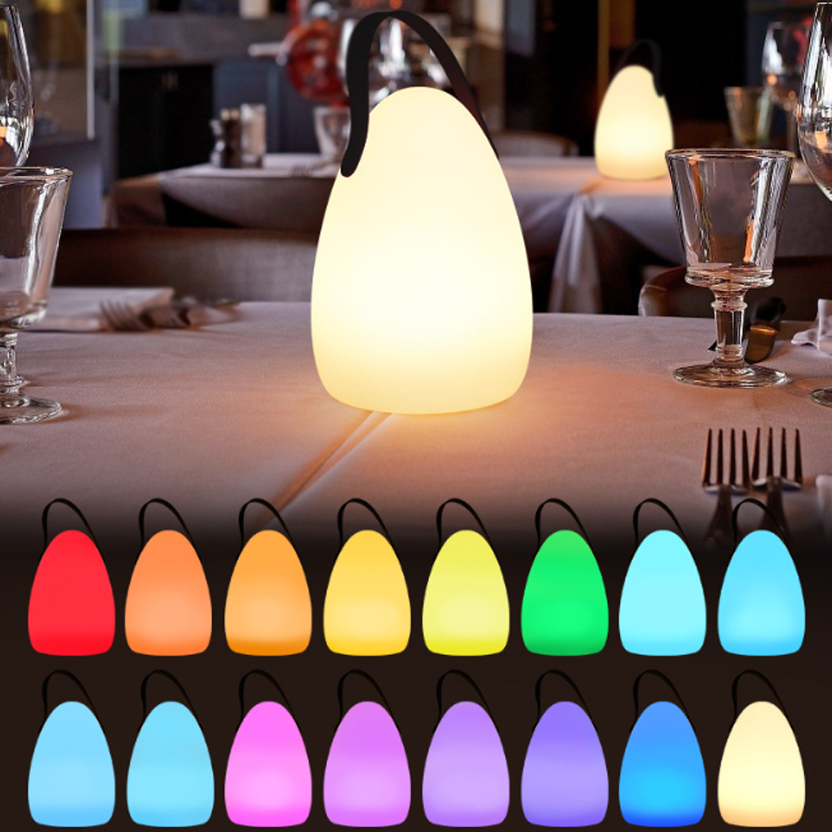 Eine leuchtende Lampe mit mehreren Farboptionen, zusammen mit anderen Lampen auf einem Tisch dargestellt.