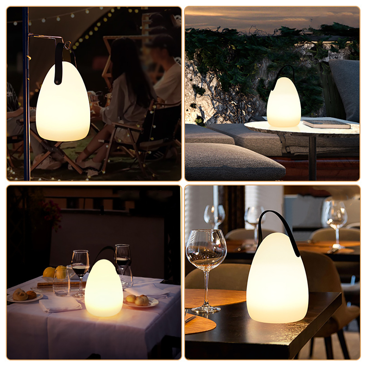 Vier Bilder einer leuchtenden Lampe in verschiedenen Umgebungen: draußen, Tisch und drinnen.