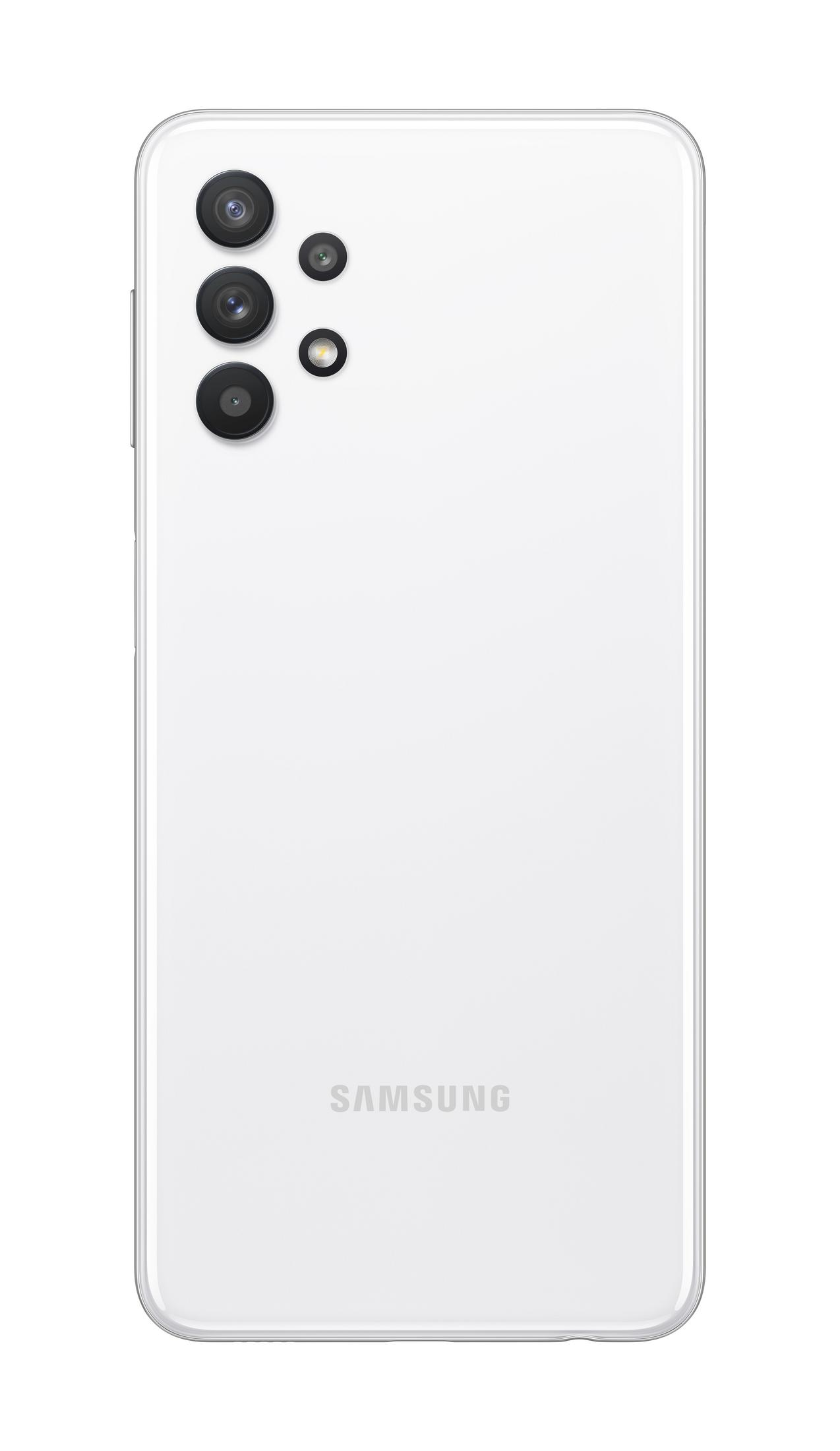 Teléfono blanco con un conjunto de cámaras en la parte trasera. El logotipo de Samsung es visible en la parte inferior.