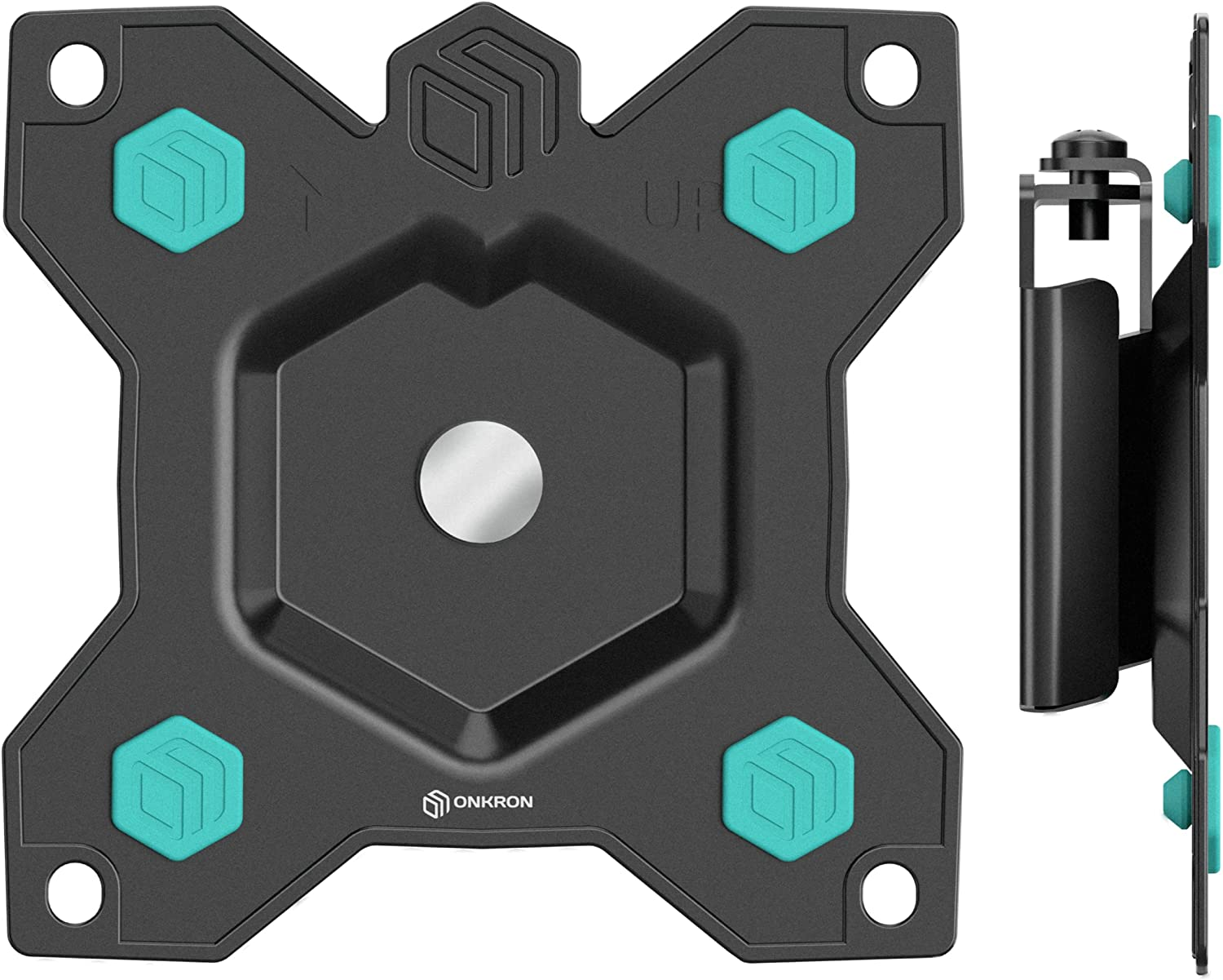 Czarny metalowy uchwyt do telewizora z sześciokątną podstawą, turkusowymi akcentami i czterema otworami montażowymi.