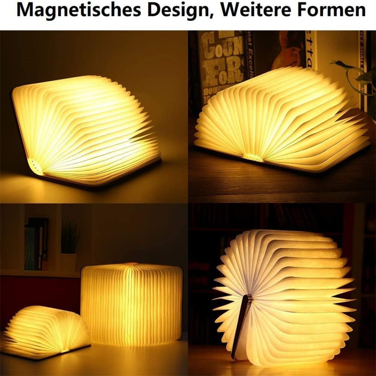Vier beleuchtete, buchförmige Lampen. Der Text oben lautet: Magnetisches Design, weitere Formen.