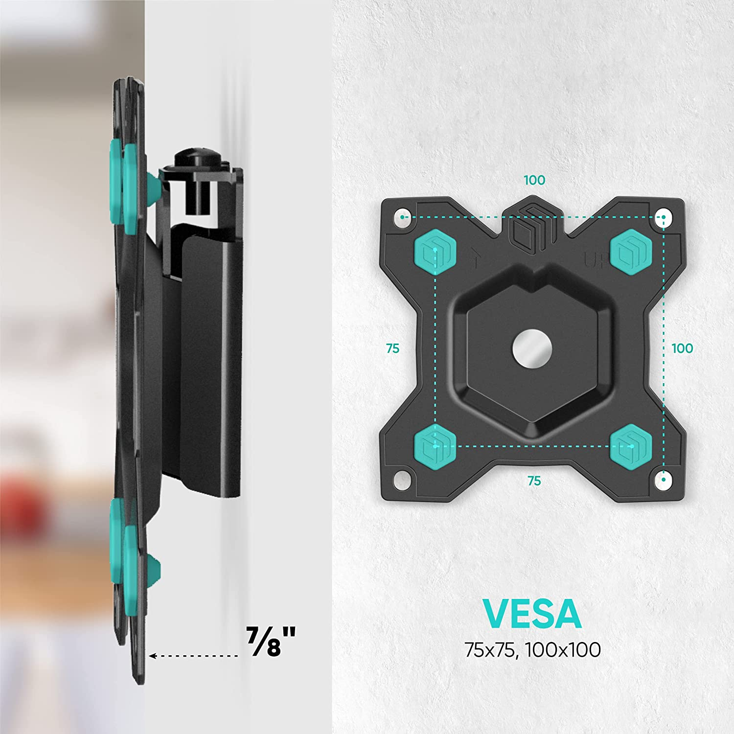 Uchwyt TV na ścianie. Czarny metal, turkusowe akcenty, z wymiarami i informacjami VESA.