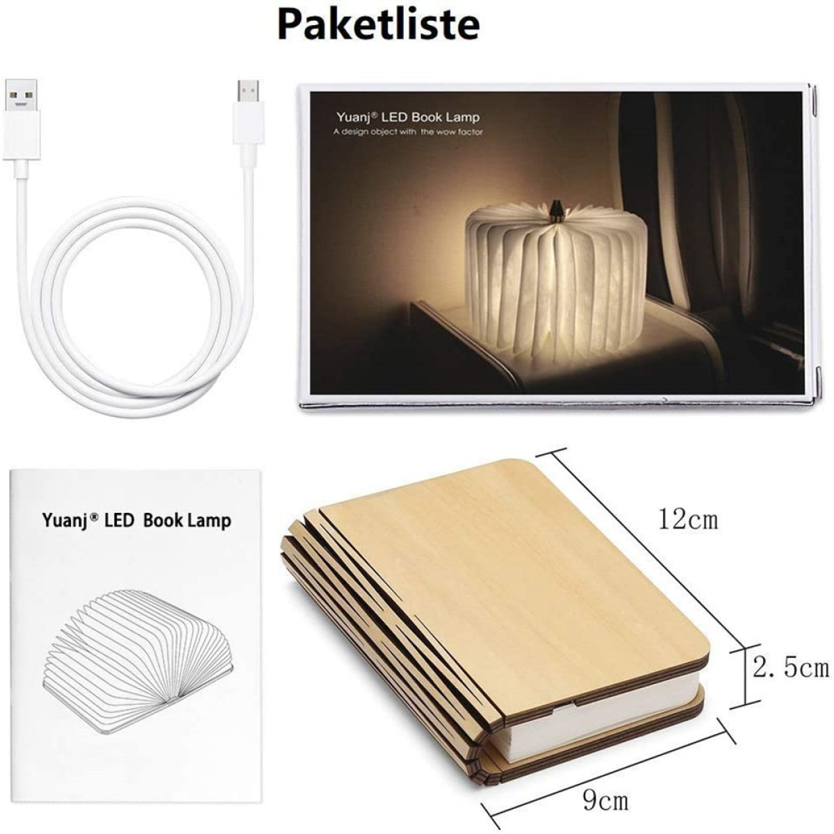Buchförmige Lampe, USB-Kabel und ein Büchlein. Maße sind angegeben.