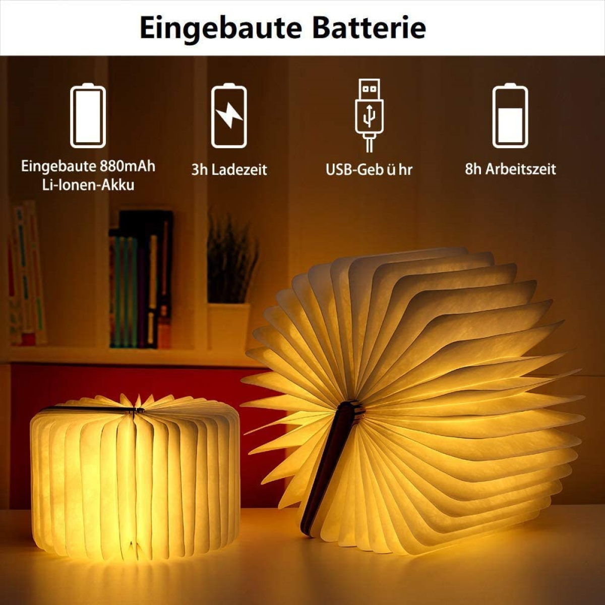 Zwei offene und geschlossene buchförmige Lampen. Text beschreibt Akkulaufzeit und Laden.
