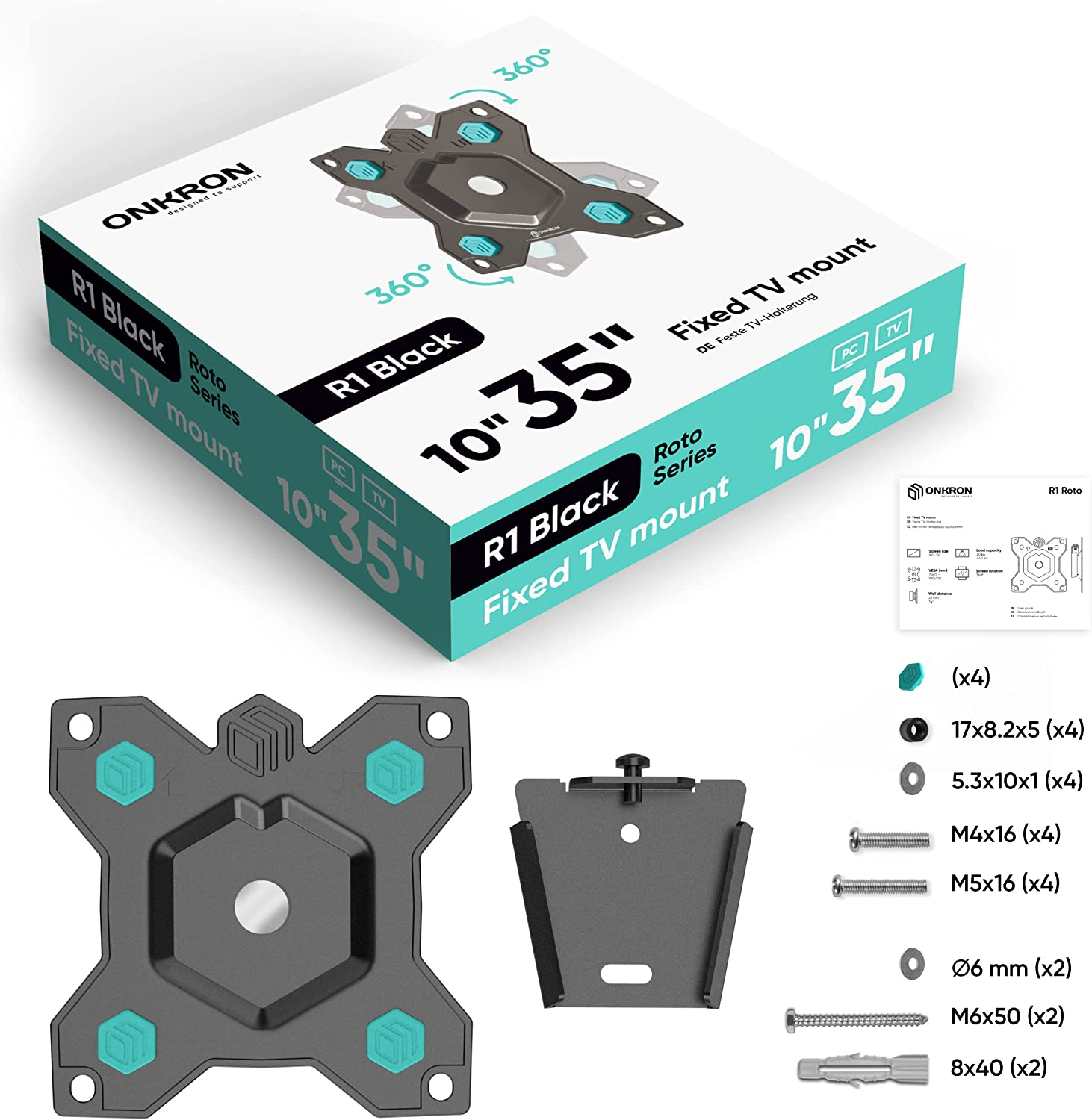 Pudełko i elementy uchwytu TV. Czarny uchwyt, śruby i schemat z wymiarami.