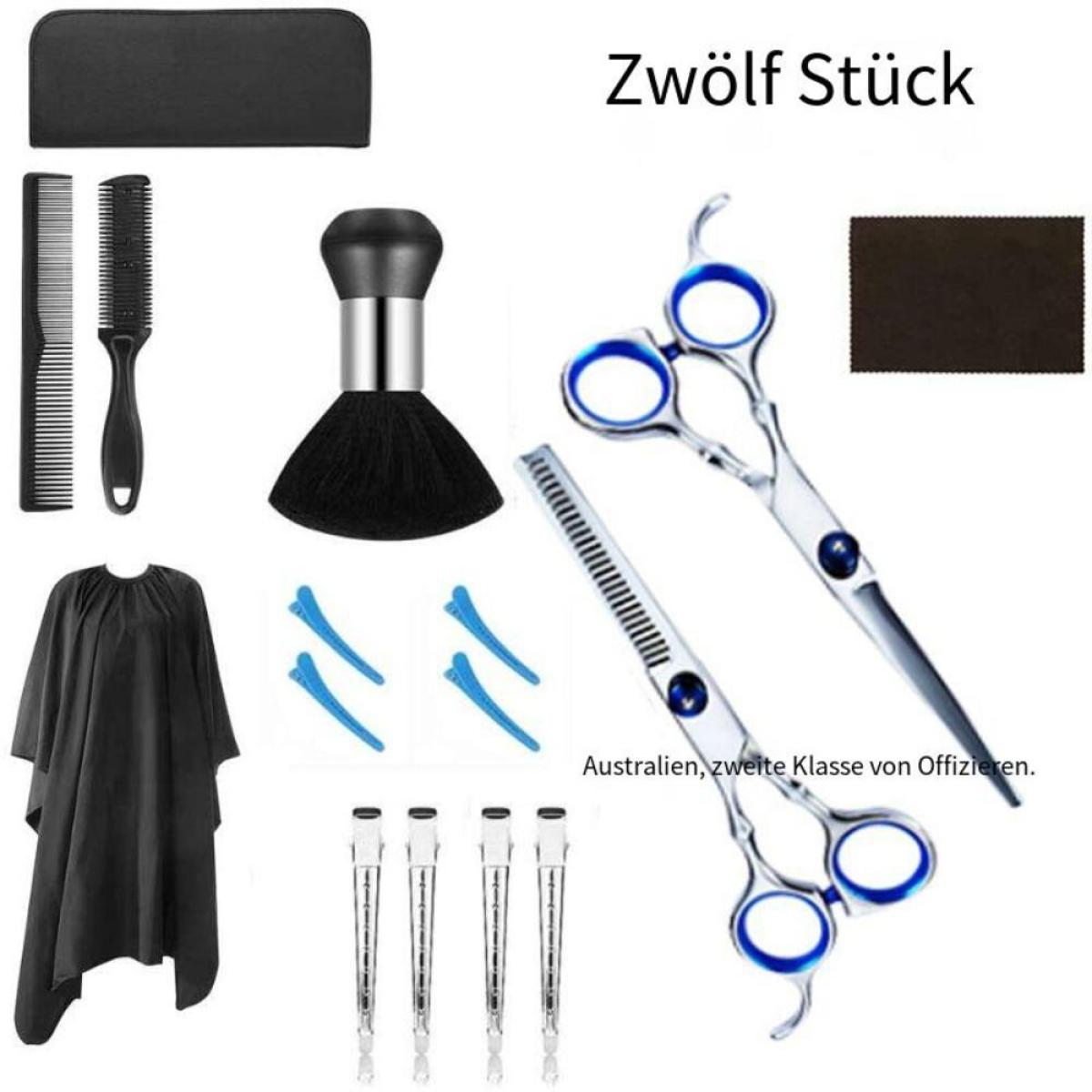 Friseurwerkzeuge: Kämme, Scheren, Umhang, Clips, Bürsten, und ein Etui.