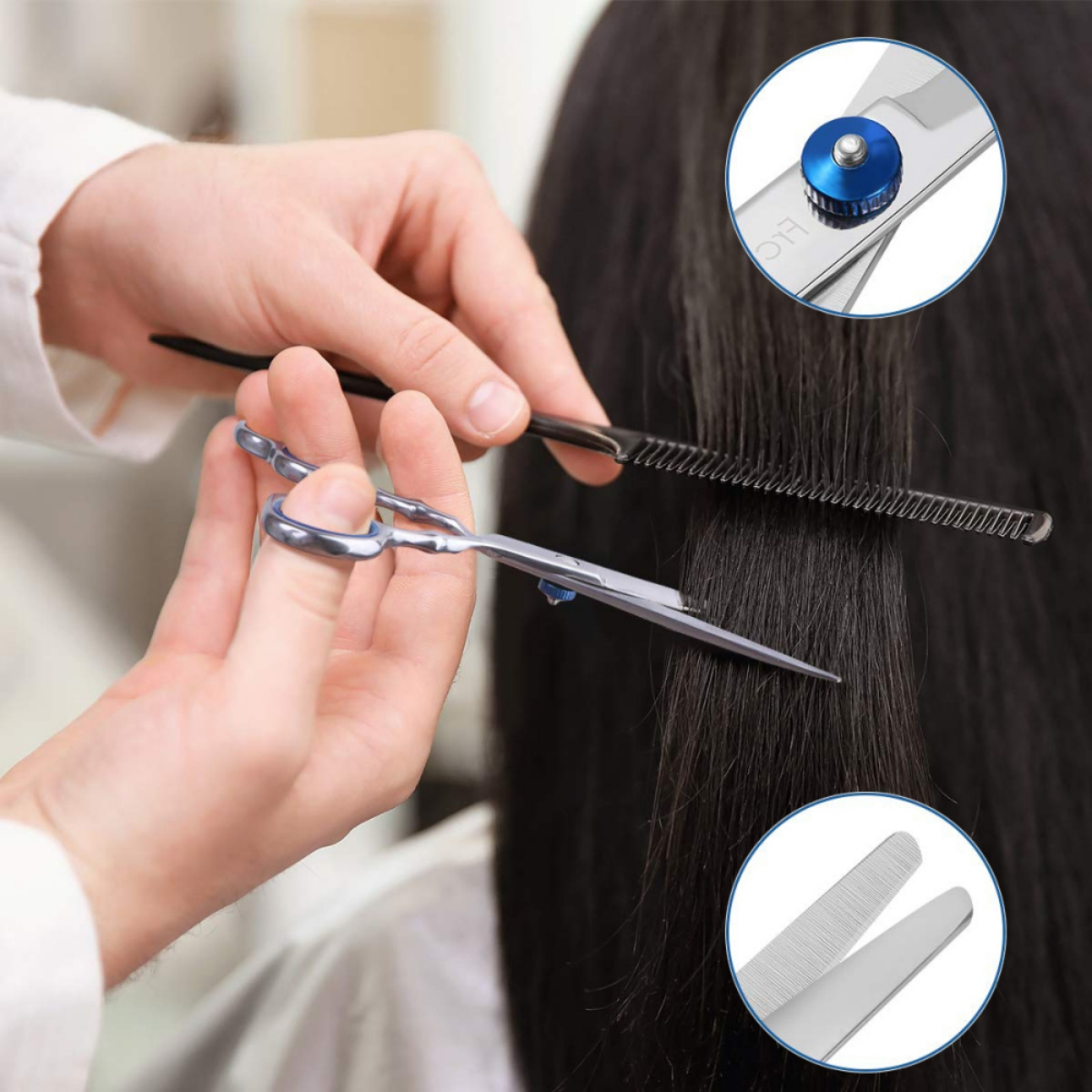 Friseur schneidet Haare mit Schere und Kamm. Nahaufnahme einer Schere mit blauer Schraube.