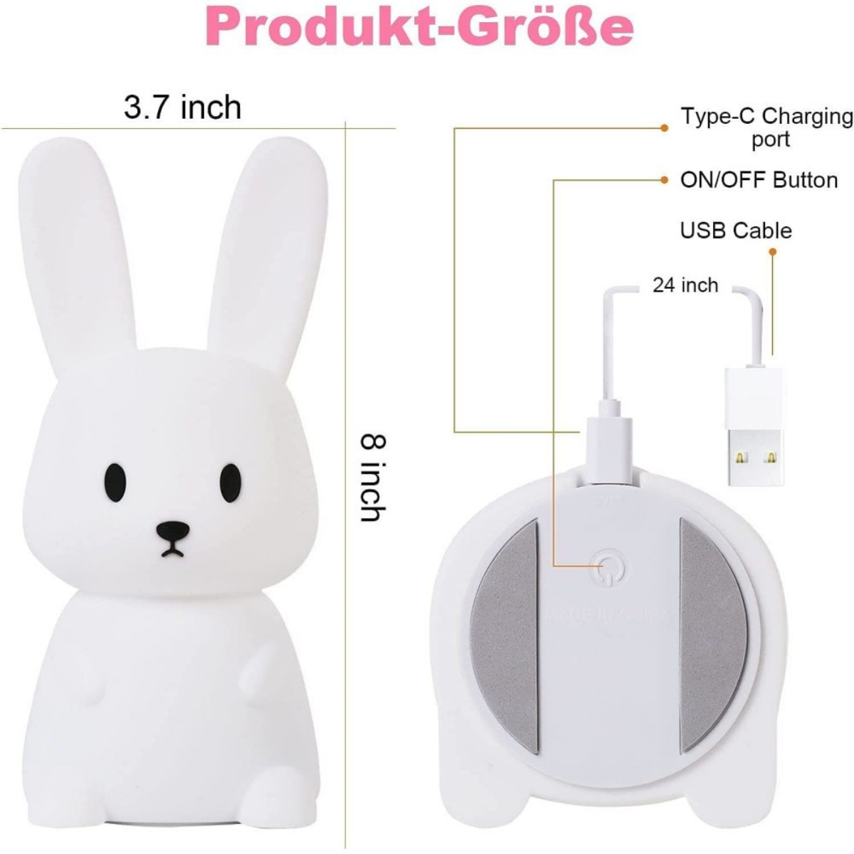 Eine weiße Hasenlampe mit Abmessungen und Ladeangaben.