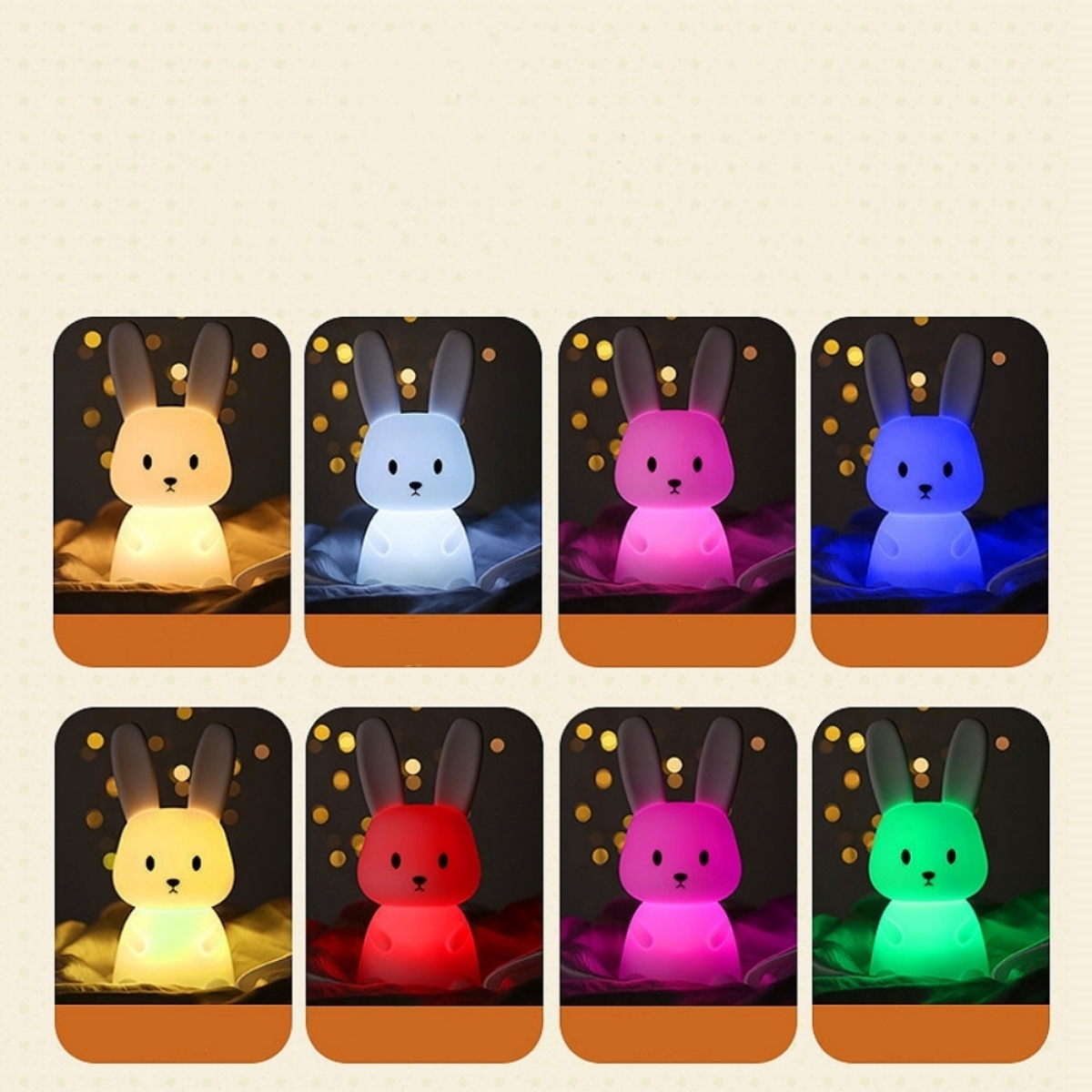 Ein Raster von hasenförmigen Lampen in verschiedenen Farben: gelb, blau, rosa und grün.