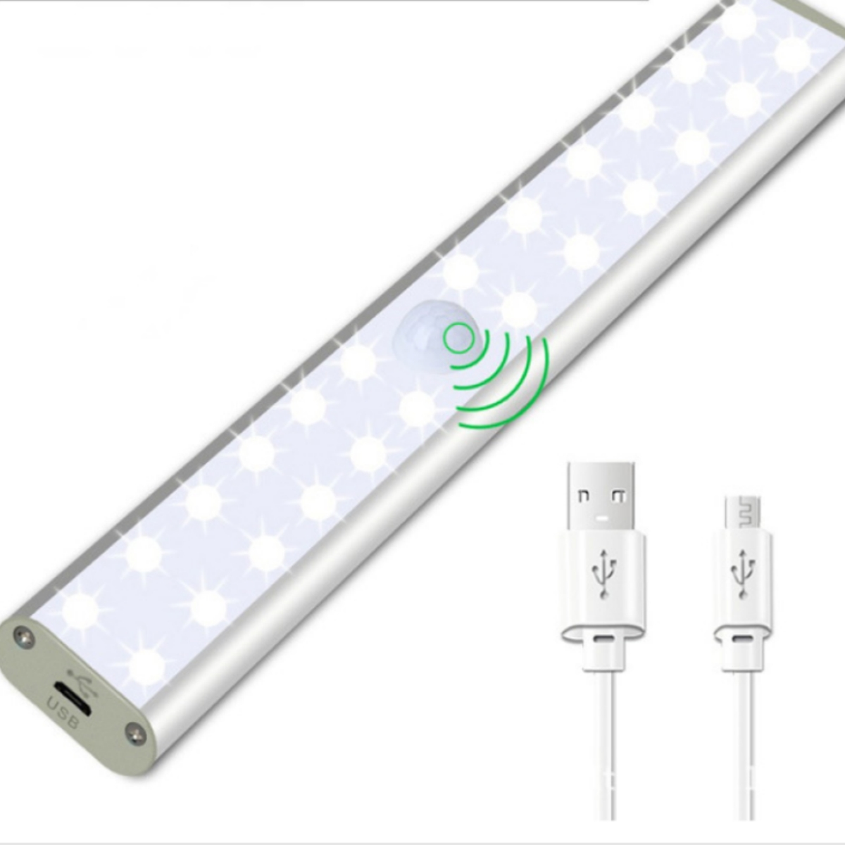 Ein silbernes LED-Licht mit USB-Anschlüssen und zwei weißen USB-Kabeln.