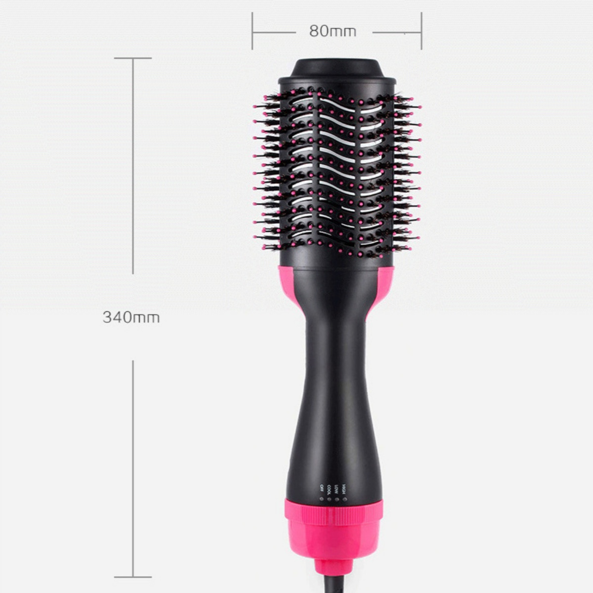 Eine schwarz-rosa Haarstylingbürste mit Abmessungen und Einstellungen.