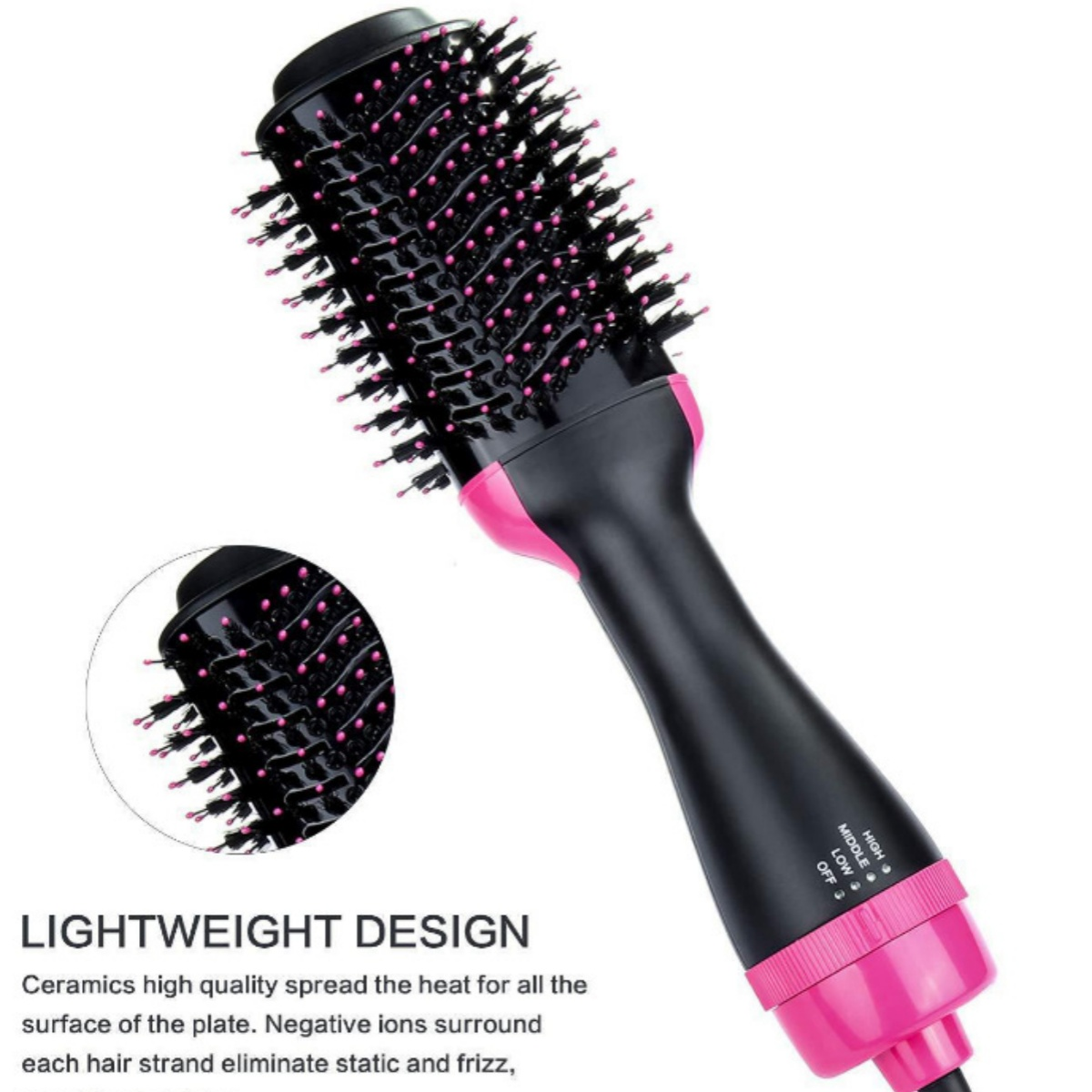 Haartrocknerbürste in Schwarz und Pink. Text beschreibt leichtes Design, hohe Qualität.